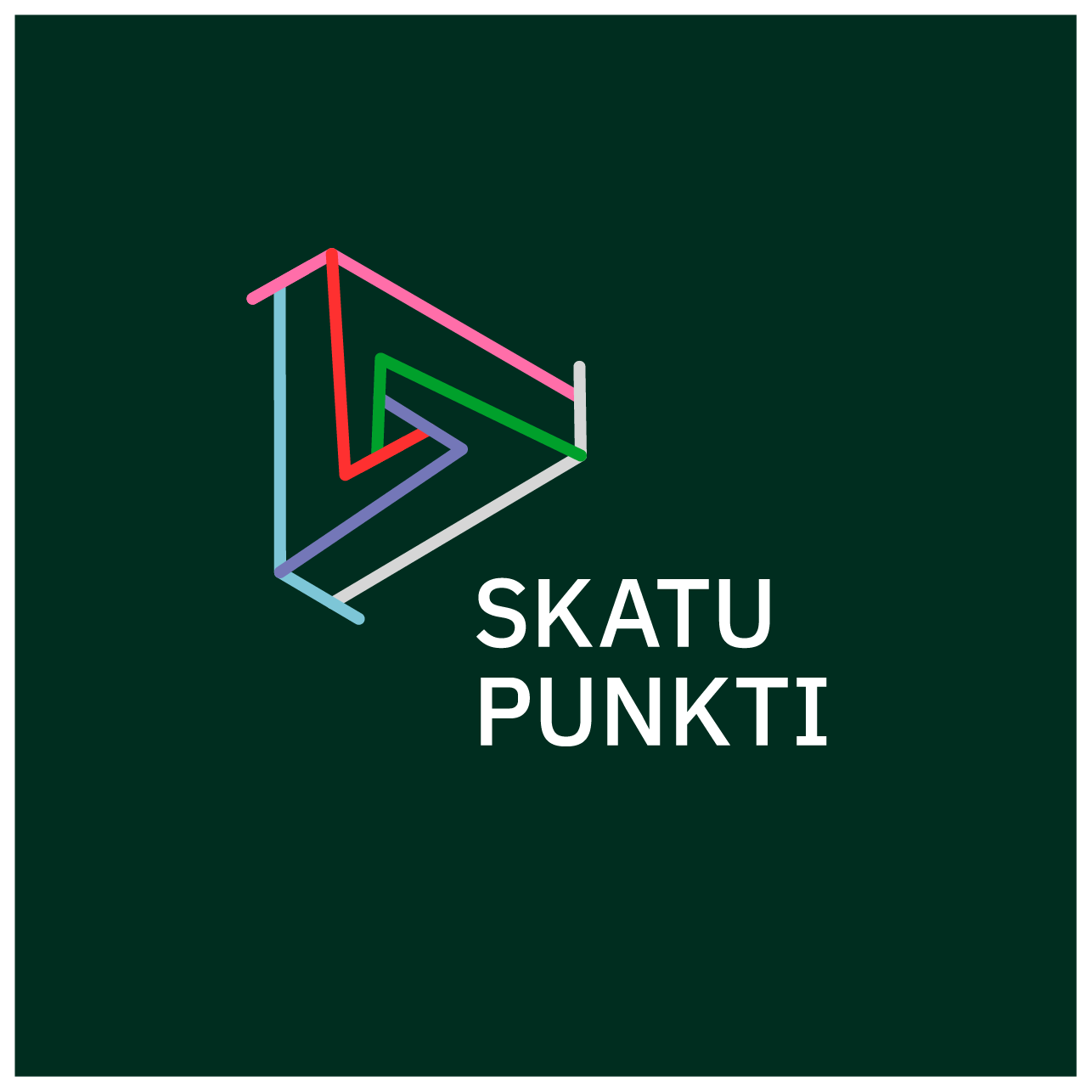 Skatu Punkti logotips ar daudzkrāsainām līnijām, kas veido ģeometrisku formu, uz tumši zaļa fona. Zem logotipa redzams uzraksts SKATU PUNKTI baltā krāsā