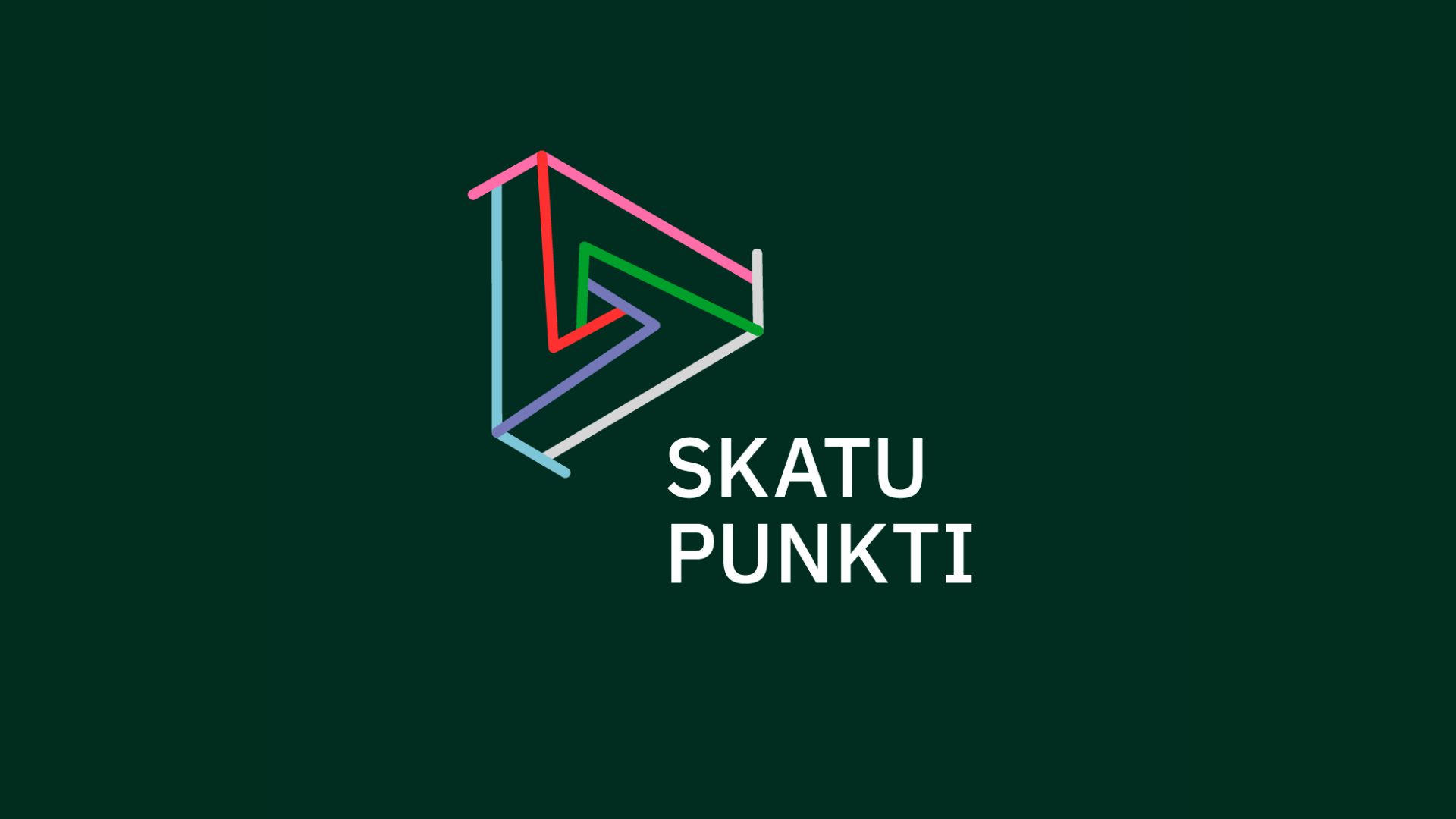 Skatu Punkti logotips ar daudzkrāsainām līnijām, kas veido ģeometrisku formu, uz tumši zaļa fona. Zem logotipa redzams uzraksts SKATU PUNKTI baltā krāsā